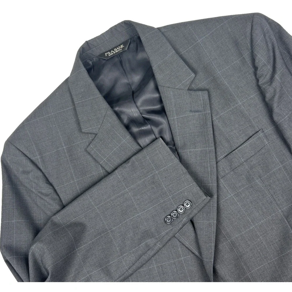 JoS A Bank‎ Men's 44L Sport Coat Blazer Charcoal Black Blue Windowpane 100% Wool